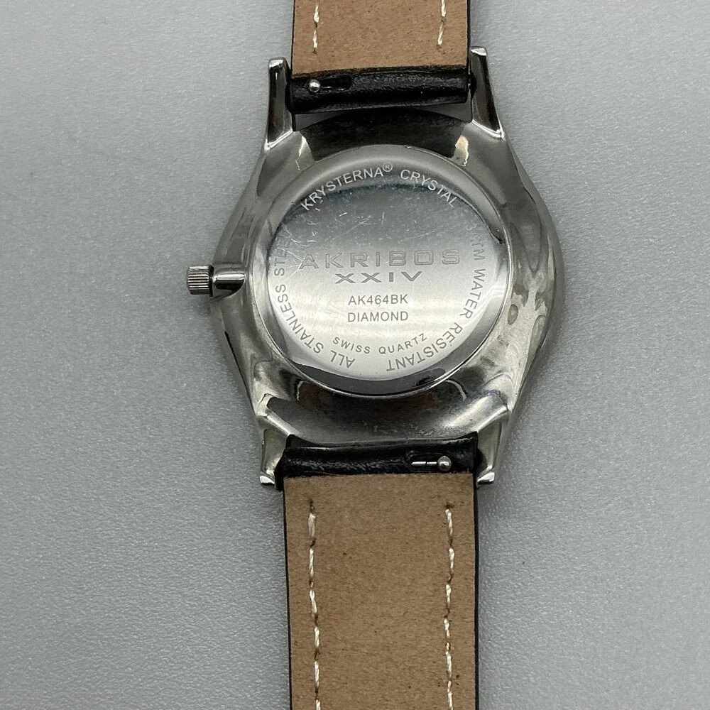 Akribos XXIV AK464BK Womens Watch 36mm Black Dial Leather Diamond New Battery